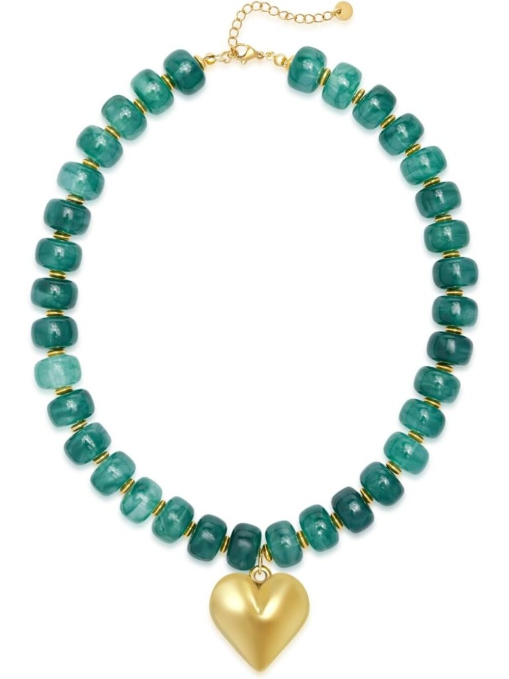 Women's Green Resin Chunky Beaded Gold Heart Pendant Choker Necklace